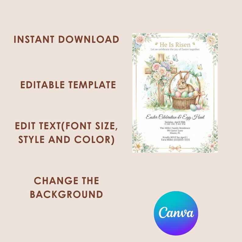 May include: Easter invitation template with a watercolour design. The invitation features a cross, a bunny in a basket with eggs, and floral accents. Text includes "He Is Risen" and details for an Easter celebration.