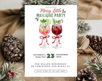 Pode incluir: Um convite festivo para uma "Merry Little Mahjong Party" com ilustrações em aquarela de coquetéis, peças de mahjong e detalhes natalinos. O convite inclui a data, hora, local e informações de RSVP.