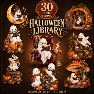 May include: A digital bundle of 30 Halloween-themed illustrations featuring ghosts reading books, sitting on pumpkins, and relaxing in armchairs. The collection includes images of ghosts with mugs, library shelves, and autumn leaves on a dark background.