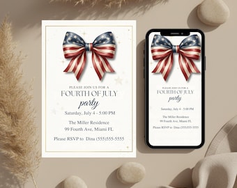 Plantilla de invitación para el 4 de julio / Invitación editable para fiesta del 4 de julio / Plantilla de invitación patriótica en Canva / 5x7 y móvil 1080x1920