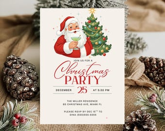 Santa Editable Christmas Party Invitation, Holiday Cocktail Theme, Canva Template, Printable Xmas Invite, Instant Download