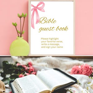 Graduation Bible Guest Book Sign Pink Bow Graduation Party Table Signs Printable Decor High School College Canva Template