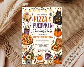 Pizza & Pumpkin Painting Party Invitation, Kids Birthday Fall Halloween Invite