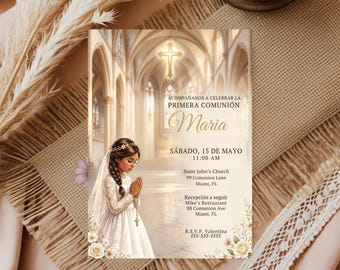 May include: A First Communion invitation featuring an illustration of a girl in a white dress, praying in a church setting. The invitation includes the name "Maria", date, time, and location details. The design incorporates floral accents and a gold cross.