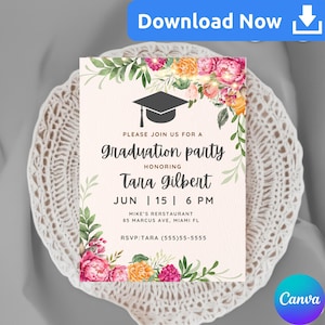 Floral Graduation Party Invitation, Floral Graduation Announcement Card, Floral Grad Invitation, Canva Digital Invite image 1