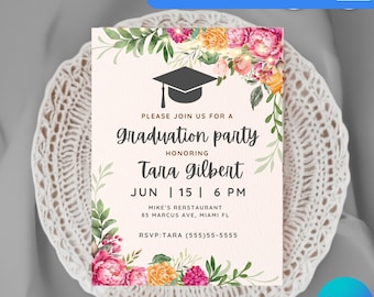 Floral Graduation Party Invitation, Floral Graduation Announcement Card, Floral Grad Invitation, Canva Digital Invite