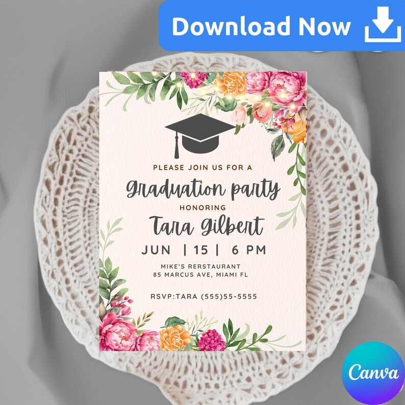 Floral Graduation Party Invitation, Floral Graduation Announcement Card, Floral Grad Invitation, Canva Digital Invite image 1