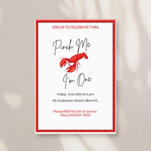 Pinch Me I&#39;m One Birthday Invitation | Crab Birthday Party Invitation | Lobster Crab Boil | Crawfish Boil | Ofishally One Birthday Theme