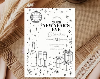 Peut inclure: Invitation de réveillon du Nouvel An 2026 en noir et blanc. Le design comprend une boule disco, une bouteille de champagne, des flûtes, des boîtes cadeaux et des étoiles. L'invitation comprend la date, l'heure et les informations RSVP.