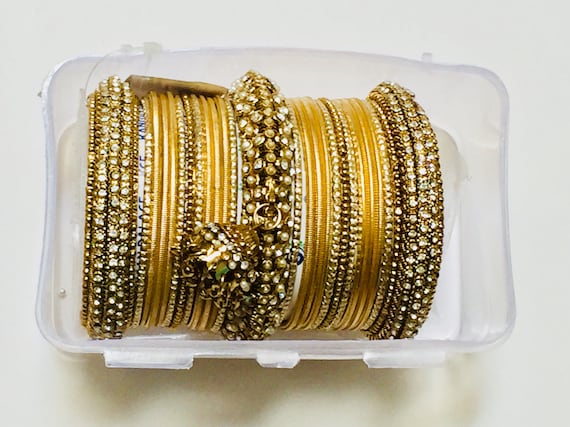 Bollywood Bridal Bangles designer couture ,size 2.10 Dance sangeet as seen in movies , gold plated, this is one set 22 bangles approx ,