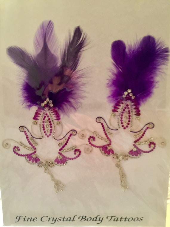 Our hottest selling self adhesive nipple crystal Mardi Gras with feathers and swarovski stones