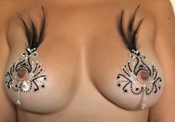 Our hottest selling self adhesive nipple crystal Mardi Gras with feathers and swarovski stones