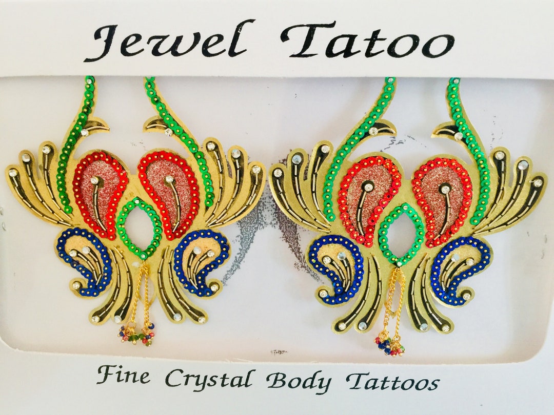 Mardi Gras Colorfuld Gold Emerald Nipple Crystals Pasties by