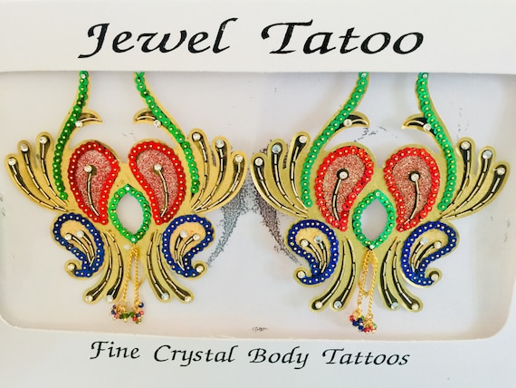 Mardi Gras Colorfuld Gold  Emerald Nipple Crystals Pasties by Definitions Original since 1992 self adhesive reusable