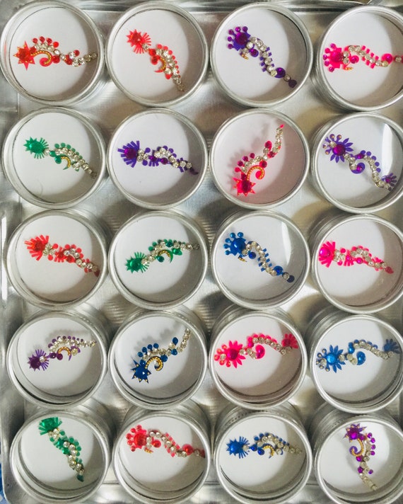 Bindis box of mehandi sangeet giveaway bindis in glass container with swarovski stones fine beads 20 pcs tray