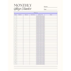 May include: A printable sleep tracker titled "MONTHLY Sleep Tracker". It features sections for date, bedtime, wake-up time, total hours, quality (1-5), and notes. The design has a light purple header and a white background, ideal for tracking sleep patterns.