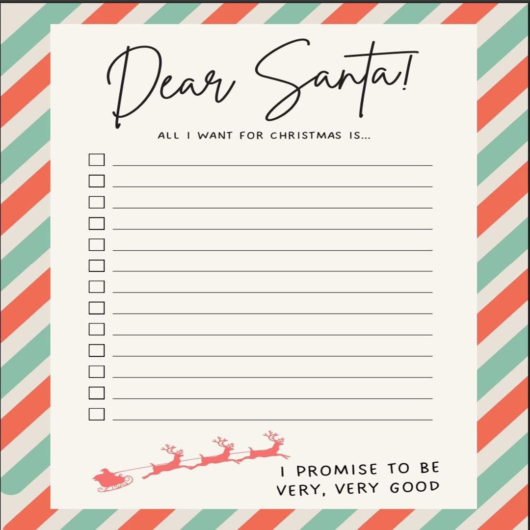 Dear Santa Letter Printable | Christmas Wish List for Kids | Holiday ...
