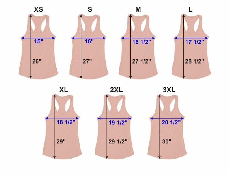 Może przedstawiać: Sześć jasnor&oacute;żowych koszulek typu racerback w rozmiarach od XS do 3XL. Każda koszulka ma wymiary w calach, o szerokości od 38.1 cm do 52.1 cm i długości od 66 cm do 76.2 cm.