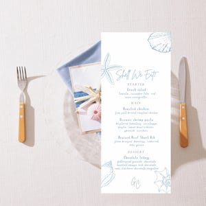 Plantilla de menú de boda con conchas marinas / Menú de boda costero / Menú de conchas marinas / Plantilla de menú de boda / Plantilla de menú de boda clásico / Menú 4x9