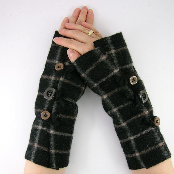 black arm warmers recycled wool fingerless mittens black copper rose plaid fingerless gloves arm cuffs  eco friendly fashion tagt team teamt