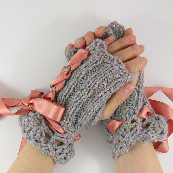 Knit fingerless gloves arm warmers fingerless mittens grey tweed crochet lace peach ribbon victorian curationnation