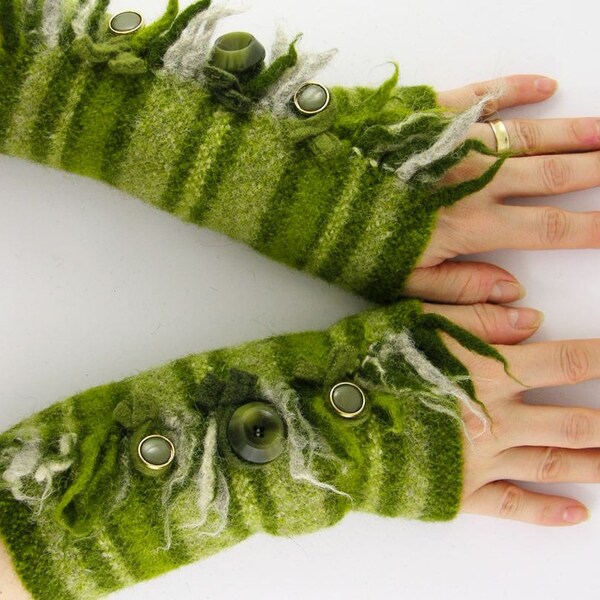 Fingerless mittens arm warmers fingerless gloves arm cuffs light olive green banded eco friendly recycled wool tagt team