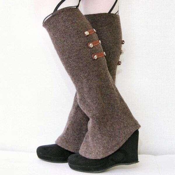leg warmers shoe covers spats recycled wool brown with buttons eco friendly recycled upcycled wool women for her tagt team