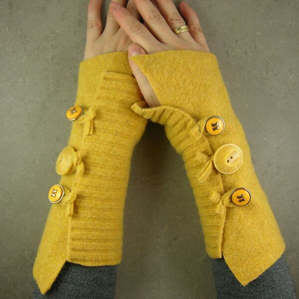 Fingerless mittens arm warmers fingerless gloves arm cuffs banana bamboo yellow eco friendly recycled wool