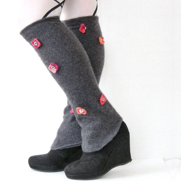 Gray recycled cashmere leg warmers spats shoe covers with red pink crocheted flowers and buttons eco friendly upcycled women for her