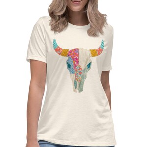 Patchwork Cow Skull - Bella Canvas Women's Relaxed T-Shirt (Natural or Heather Deep Teal)
