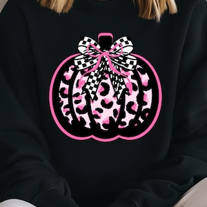 Black, Pink and White Leopard Pumpkin with Bows - Gildan 50/50 Preshrunk Sweatshirt, Fall, Autumn, Pretty, Checkered, Ribbon, Pumpkin Patch