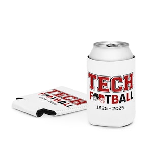 May include: White can cooler and a folded can cooler featuring the words "TECH FOOTBALL" in red and black, with a football helmet graphic. The text "1925-2025" is also displayed.