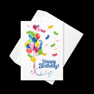 Cartão de felicitações - Cartão de aniversário com balões coloridos, fitas e corações