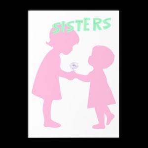 Tarjeta de felicitación de cumpleaños "Hermanas" en rosa, verde y morado.