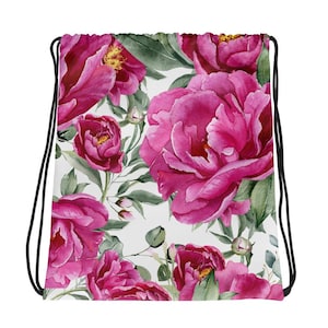 Sac à cordon de 15 x 17 po. Pivoines roses