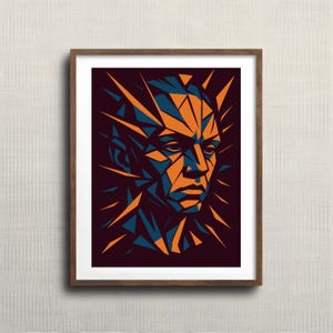 Può includere: Una stampa artistica incorniciata con un ritratto geometrico. L'opera presenta il volto di una persona reso in arancione e blu su uno sfondo scuro. Il volto è composto da forme angolari, creando un'estetica moderna e astratta.