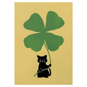 Katze mit Kleeblatt Art Print Glückskatze Digital Wunderlich Haustier Dekor Vierblättriges Kleeblatt Charm Illustration