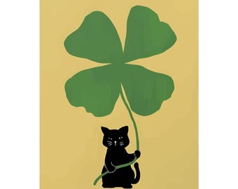 Shamrock Clover Cat Illustration Print - Cat Lover Gift - Etsy
