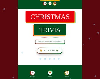 May include: A Christmas Trivia game interface in red and green. The words "CHRISTMAS TRIVIA" are displayed on the screen. Buttons include "Test Your Holiday Knowledge" and "Let's Play!" with icons, promoting a festive challenge.