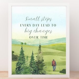 May include: A watercolor painting of a green landscape with trees and a person walking. The text "Small steps every day lead to big changes over time" is written in the top center of the image.