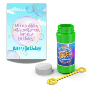 May include: A birthday card with a bubble theme and the text "We're bubbling with excitement for your birthday! Happy Birthday!"  A green bottle of bubble solution with the text "Super Miracle Bubbles" and a yellow bubble wand.