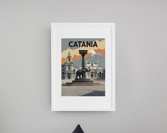 Catania Vintage Poster | Sicilian Elephant & Etna Printable Art | Classic Italian Wall Decor