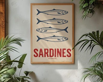 Vintage Sardines Poster – Mediterranean Digital Print for Kitchen, Bar or Coastal Decor