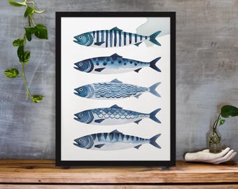 Blaue Sardinen Aquarell Digitaldruck – Dekorative nautische Kunst zum Drucken – Frischer und origineller Stil