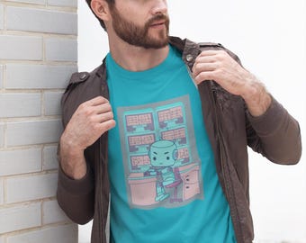 May include: A bright turquoise t-shirt featuring a graphic print of a light blue robot sitting at a desk with multiple computer monitors displaying mathematical equations and data, all rendered in a soft pink and blue color palette.