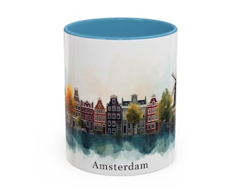 Amsterdam Watercolor Mug, vintage city skyline souvenir, unique travel gift, ceramic kitchen decor, artistic lasting design