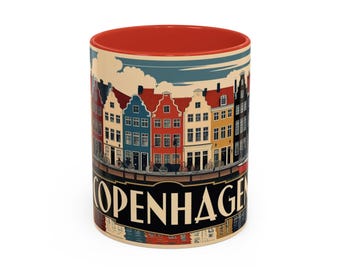 Copenhagen Vintage Mug, colorful Nordic houses, travel gift, Danish canal art, Scandinavian kitchen decor