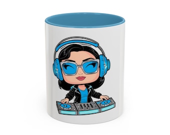 Female DJ Mug with Headphones and Blue Mixer - Vibrant Design for Music Lovers