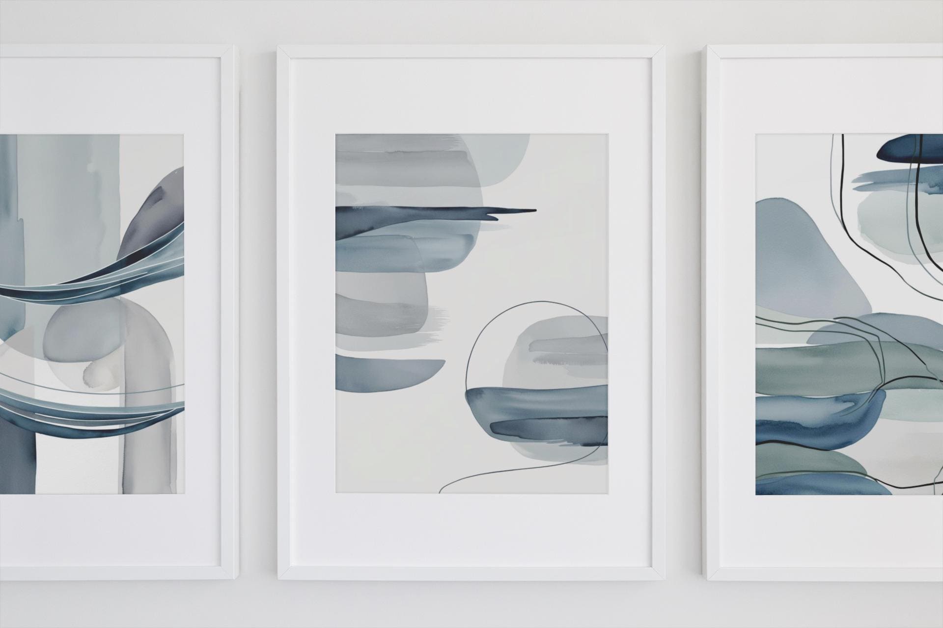 Set of 3 Minimalist Blue and Grey Abstract Watercolor Prints – Digital ...