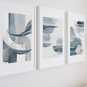 3er-Pack minimalistische abstrakte Aquarelldrucke in Blau und Grau – Moderne druckbare digitale Kunst